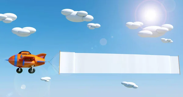Cartoon airplane flying with empty advertising banner under blue sky, 3D rendering