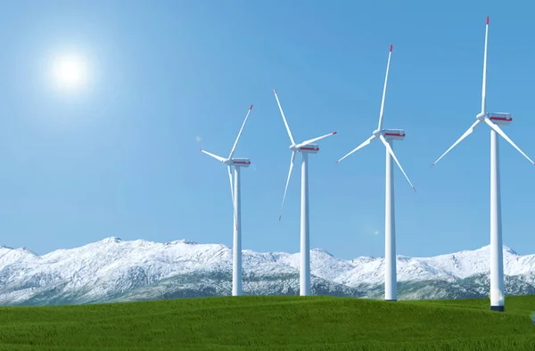 Windkraftanlagen Auf Einer Grünen Wiese Vor Blauem Himmel Rendering — Stockfoto