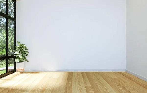 Geniş Pencere ve Ahşap Döşemeli Modern Boş Salon Açık Alanının İçi, 3B Hazırlama