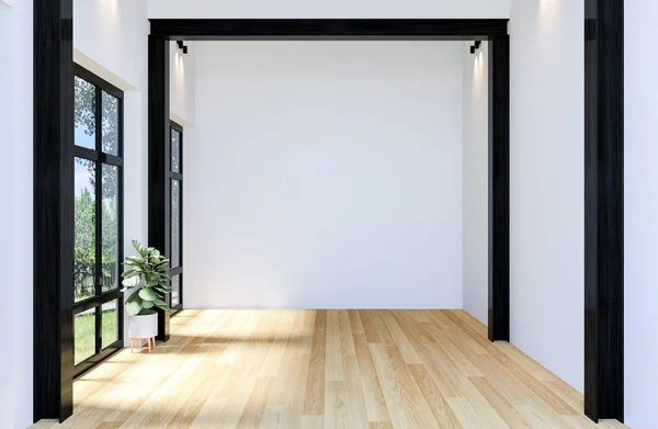 Modern Empty Hall Open Space Large Window Hardwood Floor Rendering — 스톡 사진