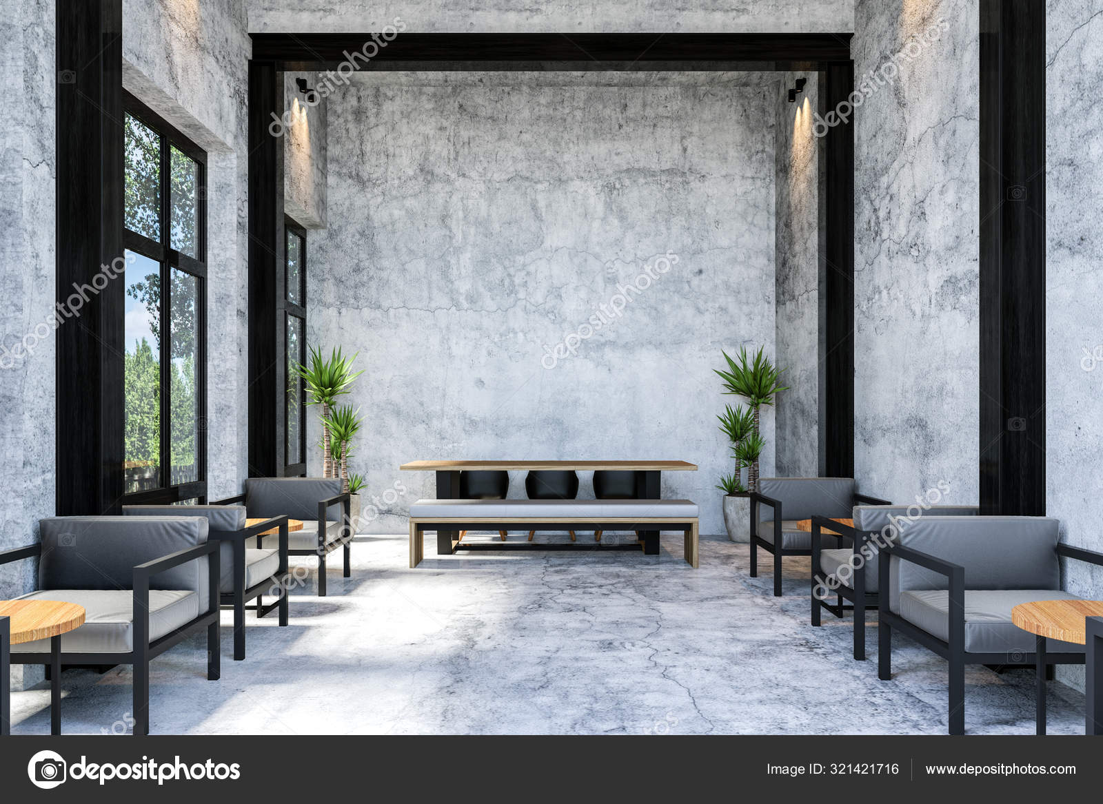 Interior Eleganta Moderna Loft Cafe Med Langt Bord Rendering Gratis Stockfoto C Geerati Gmail Com