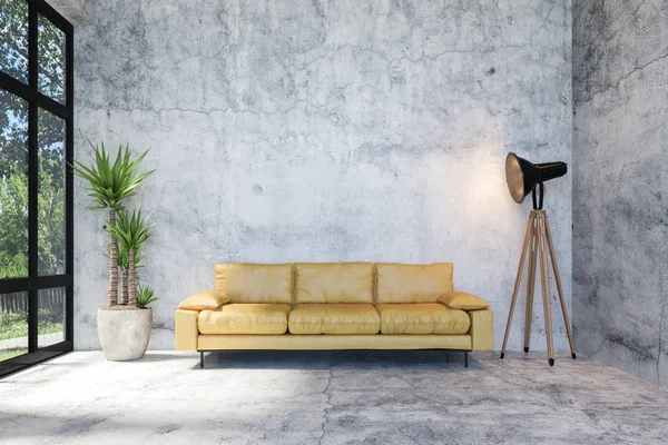 Interieur Van Moderne Loft Beton Woonkamer Met Retro Style Meubilair — Gratis stockfoto