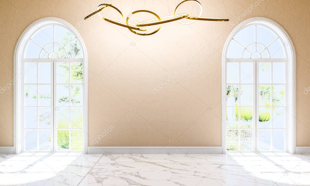 Interior of Modern Classic Style Empty Room with Marble Floor, Ceiling Lamp and Arch Door, 3D Rendering 