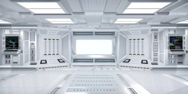 Duvarda Bilgisayar ve Monitör Ekranı ile Geleceğin Bilim-Kurgu Koridoru İçi, 3D Görüntüleme