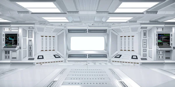 Futuristický Sci Interiér Haly Počítačem Monitorem Stěně Vykreslování — Stock fotografie