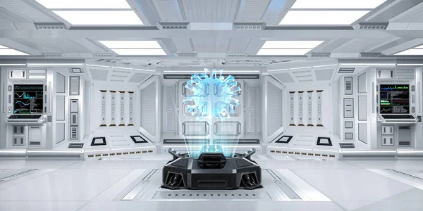 Futuristic Sci Hallway Interior Hologram Machine Displaying Coronavirus Covid Rendering — Stock Photo, Image