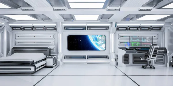 Futuristic Science Fiction Bedroom Interior Planet Earth View Space Station — 스톡 사진