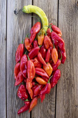 Olgun kırmızı Habanero biberleri kırsal ahşap masada, parlak güneş ışığında..