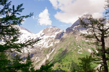Dağlarda çok güzel bir manzara var. Dağcılar ve yürüyüşçüler için bir patika Alpler 'in zirveleri üzerinde güzel manzaralı..