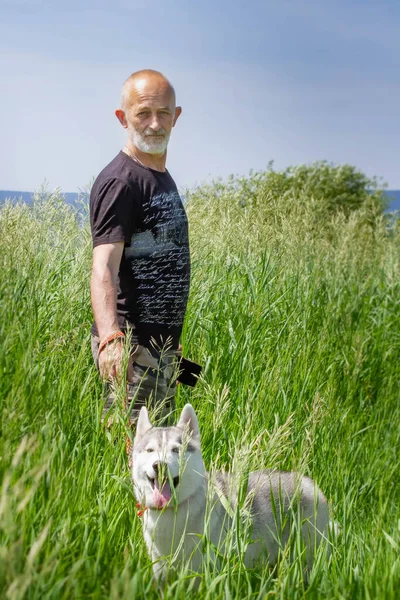 Egy Öregember Szánkóbogarak Sétálnak Mellett Alpesi Táj Aktív Szabadidős Nyugdíjas — Stock Fotó