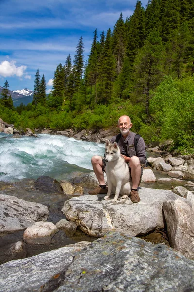 Egy Öregember Szánkóbogarak Sétálnak Mellett Alpesi Táj Aktív Szabadidős Nyugdíjas — Stock Fotó
