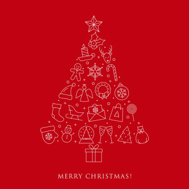 Kırmızı zemin üzerine beyaz çizgi simgelerin Noel kartı. Mutlu yeni yıl tatil tasarım. Kış sembolü koleksiyonu.