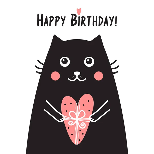 Cartão de aniversário feliz com gato preto e presente de coração rosa . —  Vetores de Stock