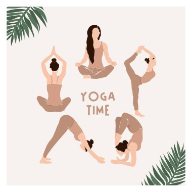 Soyut yoga kartı egzersiz grafikleri ayarlandı. Minimalist tarzda yaratıcı öğretim konsepti. Pastel renklerde zarif bir spor şablonu koleksiyonu.