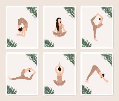 Soyut yoga kartı egzersiz grafikleri ayarlandı. Minimalist tarzda yaratıcı öğretim konsepti. Pastel renklerde zarif bir spor şablonu koleksiyonu.