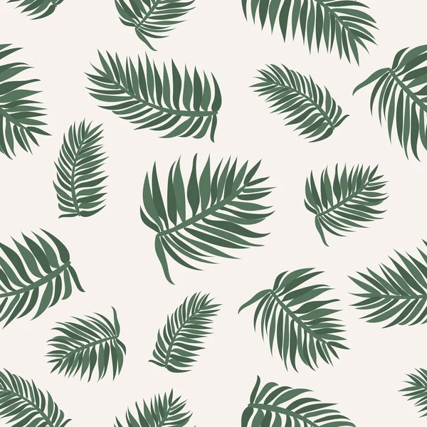 ヤシの熱帯は 白い背景に緑色の葉形をしたシームレスなパターンを残します カラフルな花の植物の壁紙テクスチャ 手描き平型の自然画図 — ストックベクタ