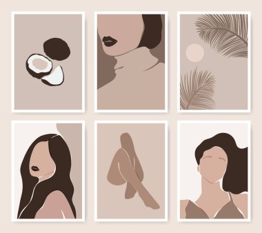 Soyut poster koleksiyonu. Güzel kızların, bacakların, hindistan cevizlerinin ve palmiye yapraklarının olduğu bir dizi kadın kartı. Pastel renklerde zarif çizim vektörü illüstrasyonu.