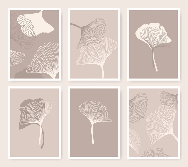 Квіти Ginkgo Biloba Постери Тонкими Плоскими Іконами Забарвлені Бежевим Коричневим — стоковий вектор