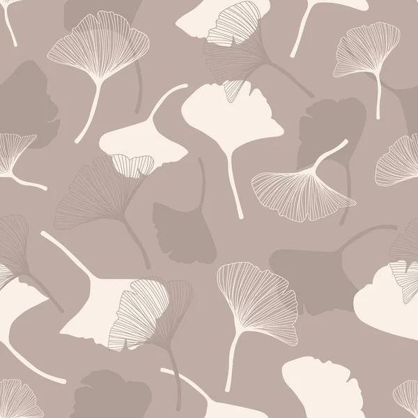 イチョウの花は 白と茶の色で薄く平らなアイコンの形のシームレスなパターンを咲かせます 漢方薬パステル植物壁紙イラスト 中国の手描きの葉の質感 — ストックベクタ