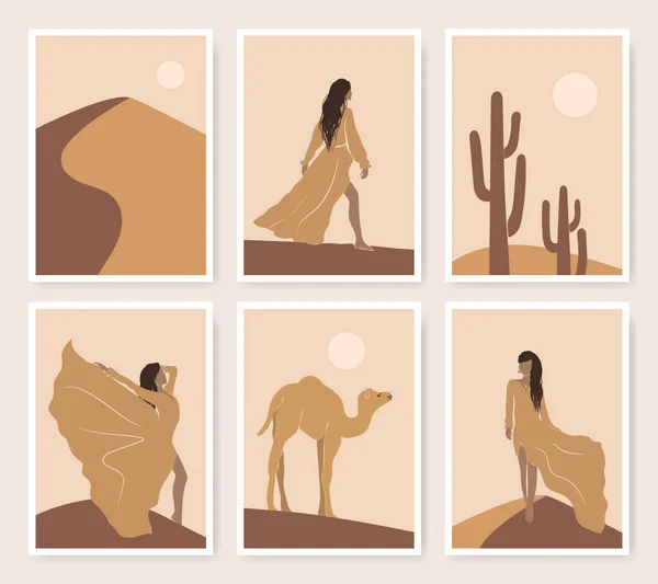 摘要亚洲女孩 仙人掌 月亮的沙漠海报集 简约简约风格 东方向量图以褐色和黄色表示 户外日落景观设计 — 图库矢量图片