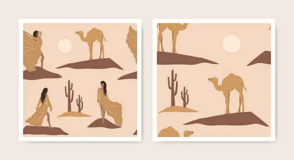 非洲沙漠无缝图案集亚洲女孩 仙人掌和月亮图标 东方抽象质感 简约的风格 埃及风景墙纸插图 阿拉伯旅行包装设计 — 图库矢量图片