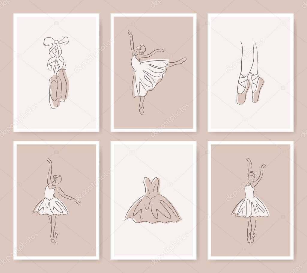 Ballet greeting cards set. Elegant hand-drawn art line icons of ballerina, pointe shoe and dress. Linear brush sketch with shadow silhouettes. Contour drawing composition. Outline theater illustrations. 
