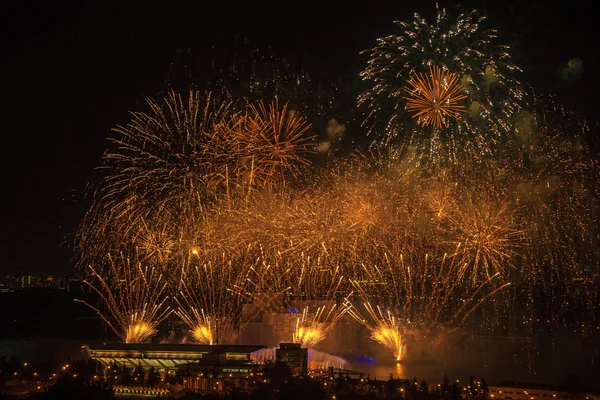 Fuochi d'artificio in un cielo notturno Fotografia Stock