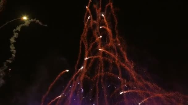 Grandes fuegos artificiales en un cielo nocturno — Vídeo de stock