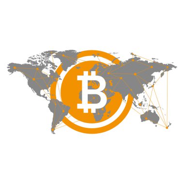 Bitcoin simgesi düz sanat, web, www, mobil uygulaması, işaret, resim. Gri benzer dünya haritası üzerinde izole siyah arka plan