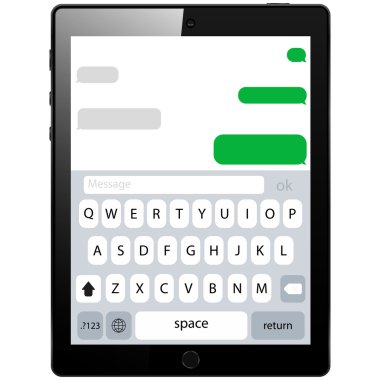 SMS şablonu kabarcıklar sohbet Smartphone. Beyaz arka plan üzerinde izole tablet