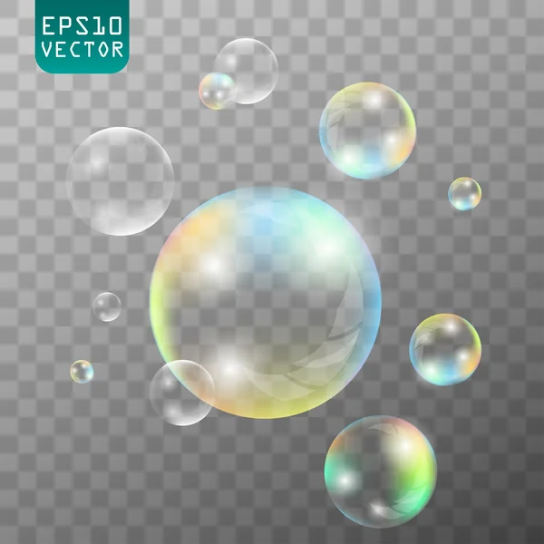 Jabón transparente o burbujas de agua. Burbujas de jabón realista con arco iris reflexión conjunto ilustración vectorial aislado — Vector de stock