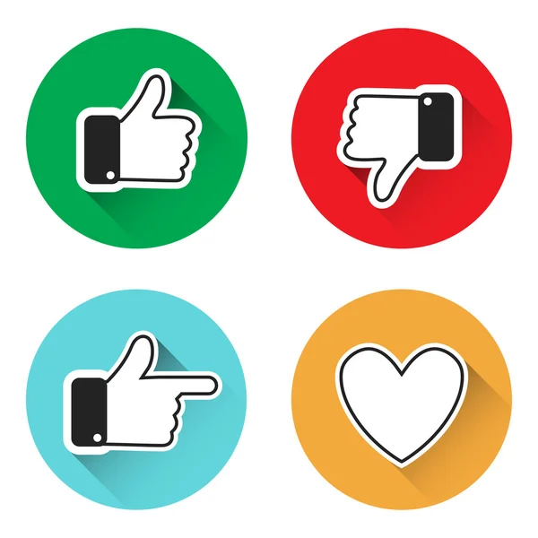 Set of thumbs up icons thumbs down, like icons on a grey background. Thumbs up and down, heart signs on colorful round flat vector icons. Simple buttons with user feedback for social network, mobile a — Stock Vector