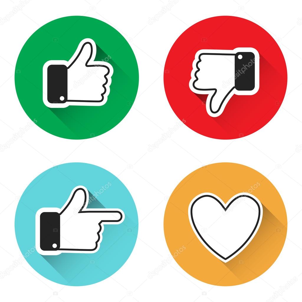 Set of thumbs up icons thumbs down, like icons on a grey background. Thumbs up and down, heart signs on colorful round flat vector icons. Simple buttons with user feedback for social network, mobile a