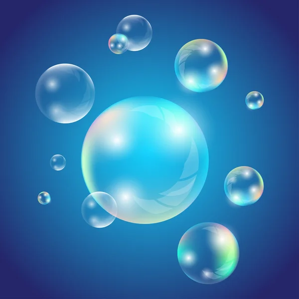 透明な石鹸や水の泡。虹反射と現実的なシャボン玉セット分離ベクトル図 — ストックベクタ