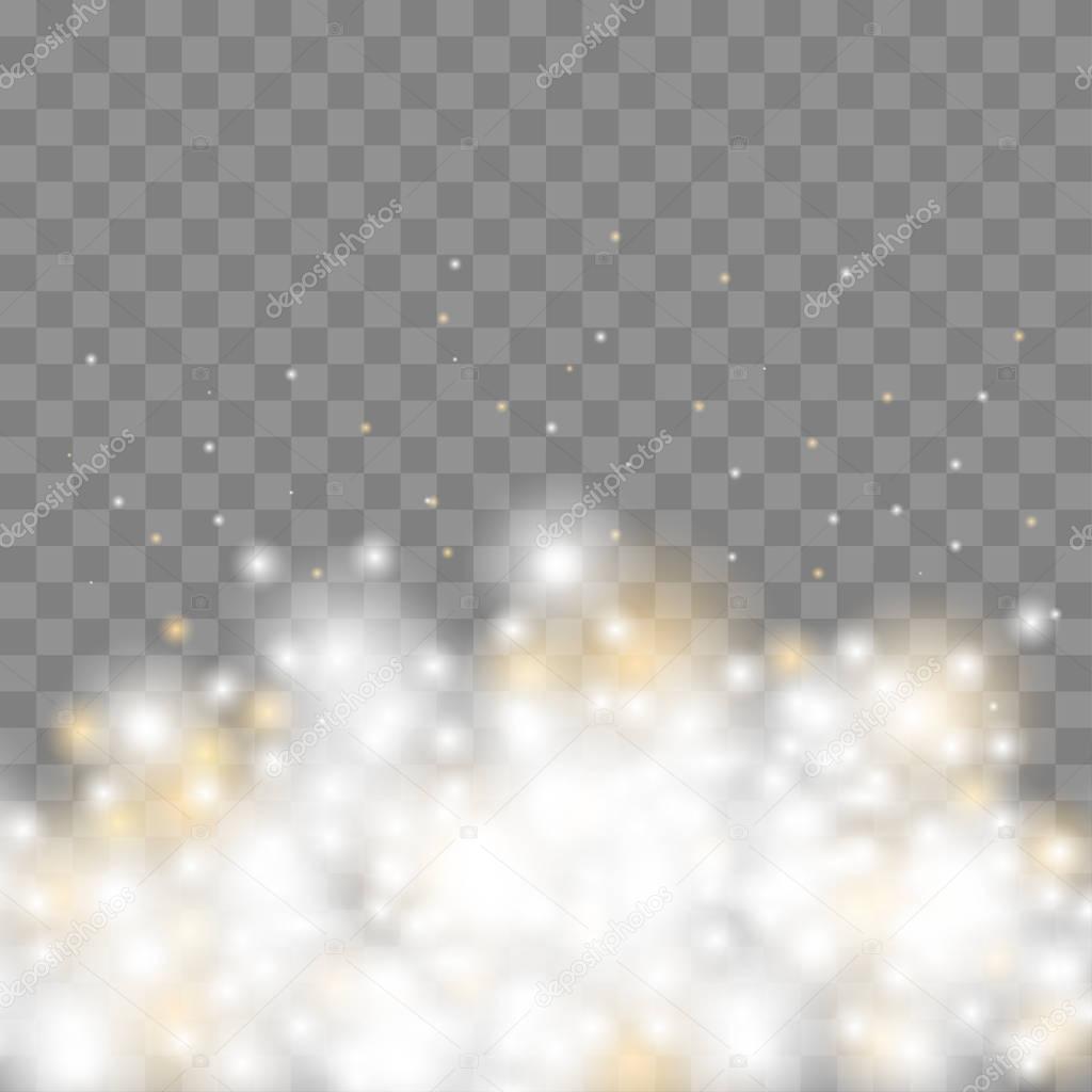 Falling Christmas Shining transparent snow isolated on transparent background. Snowflake vector illustration. Vector gold glitter particles background effect. Sparkling texture. Star dust sparks in ex