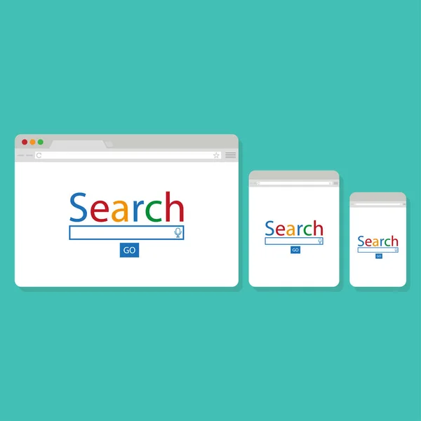 Enkel webbläsarfönster för dator, surfplatta och mobiltelefon på blå bakgrund. Webbläsarens Sök platt vektorillustration — Stock vektor