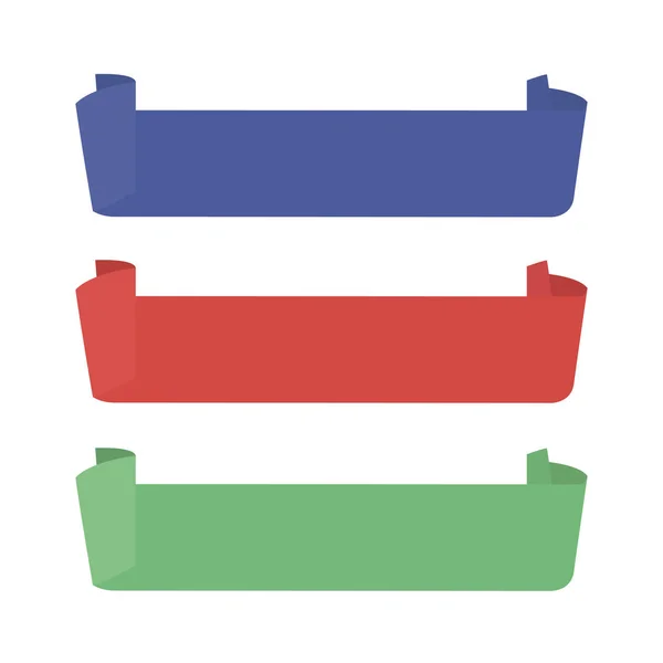 Készlet, szalag vektor ikon piros, kék és zöld színek fehér alapon. Banner elszigetelt alakzatok illusztráció — Stock Vector