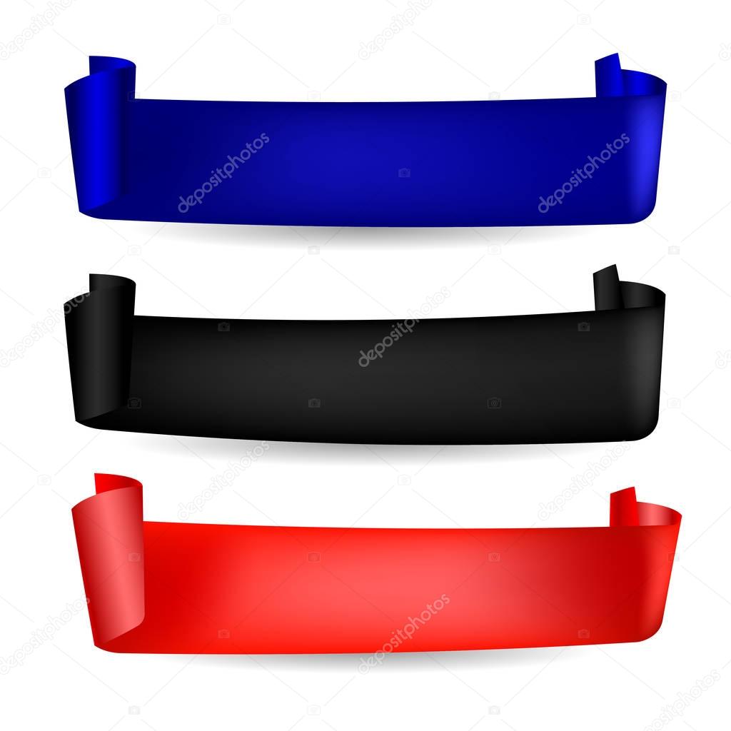 Set of ribbon vector icon red, blue and black colors on white background. Banner isolated shapes illustration