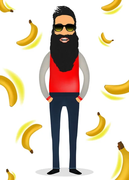 Een jonge vent, een man met een baard, een hipster modieus gekleed in bril, een achtergrond van vliegende bananen — Stockvector