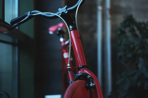 Correzione bici sportiva rossa si trova alla finestra nell'appartamento — Foto Stock
