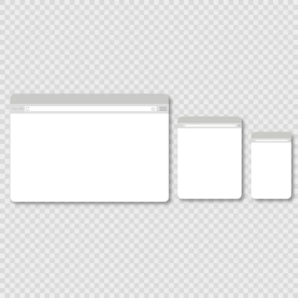 Finestra del browser grande, media e piccola su sfondo bianco con ombre — Vettoriale Stock