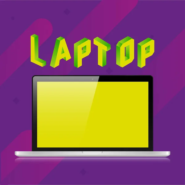 Γκρι ρεαλιστική laptop σε μοβ φόντο. 3D χαρακτήρες — Διανυσματικό Αρχείο