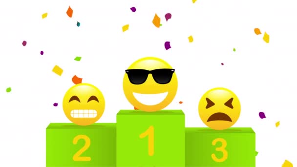 White Winners Podium Faces Pedestal Smile Confetti Background Motion Video — Stock Video