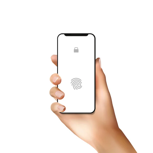 Érintse meg az azonosító szkenner mobiltelefon reális kezében — Stock Vector