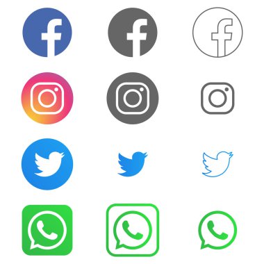 Facebook, instagram, twitter and whats up logos and icons printed on white background in different styles. Editorial vector. Kyiv, Ukraine - January 19, 2020 clipart