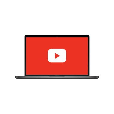 Macbook ekranında kırmızı arkaplanda Youtube logosu. Kyiv, Ukrayna - 19 Ocak 2020