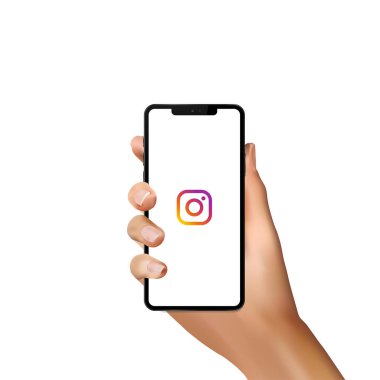 Beyaz iPhone ekranında gerçekçi eli olan Instagram logosu. Kyiv, Ukrayna - 19 Ocak 2020
