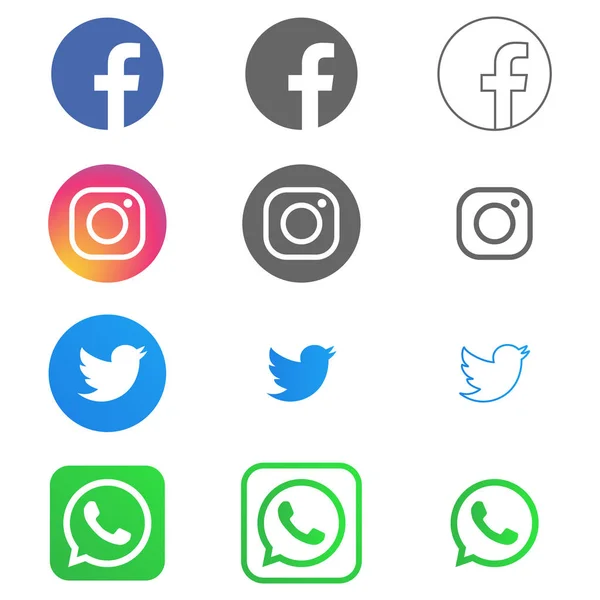 Facebook, instagram, twitter y lo que hasta logotipos e iconos impresos en fondo blanco en diferentes estilos. Vector editorial. Kiev, Ucrania - 19 de enero de 2020 — Archivo Imágenes Vectoriales