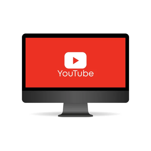 YouTube logo on red background on imac screen. Kyiv, Ukraine - January 19, 2020 — 스톡 벡터