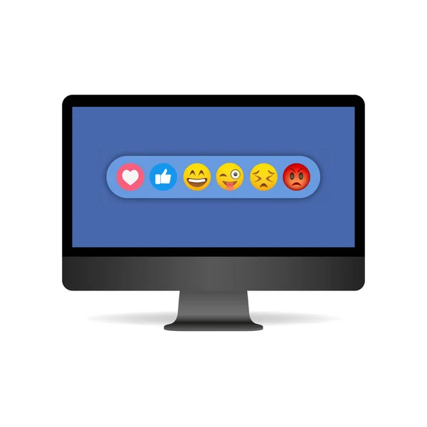 Facebook-logotyp med emoji på blå bakgrund på imac-skärmen. Kiev, Ukraina - 19 januari 2020 — Stock vektor